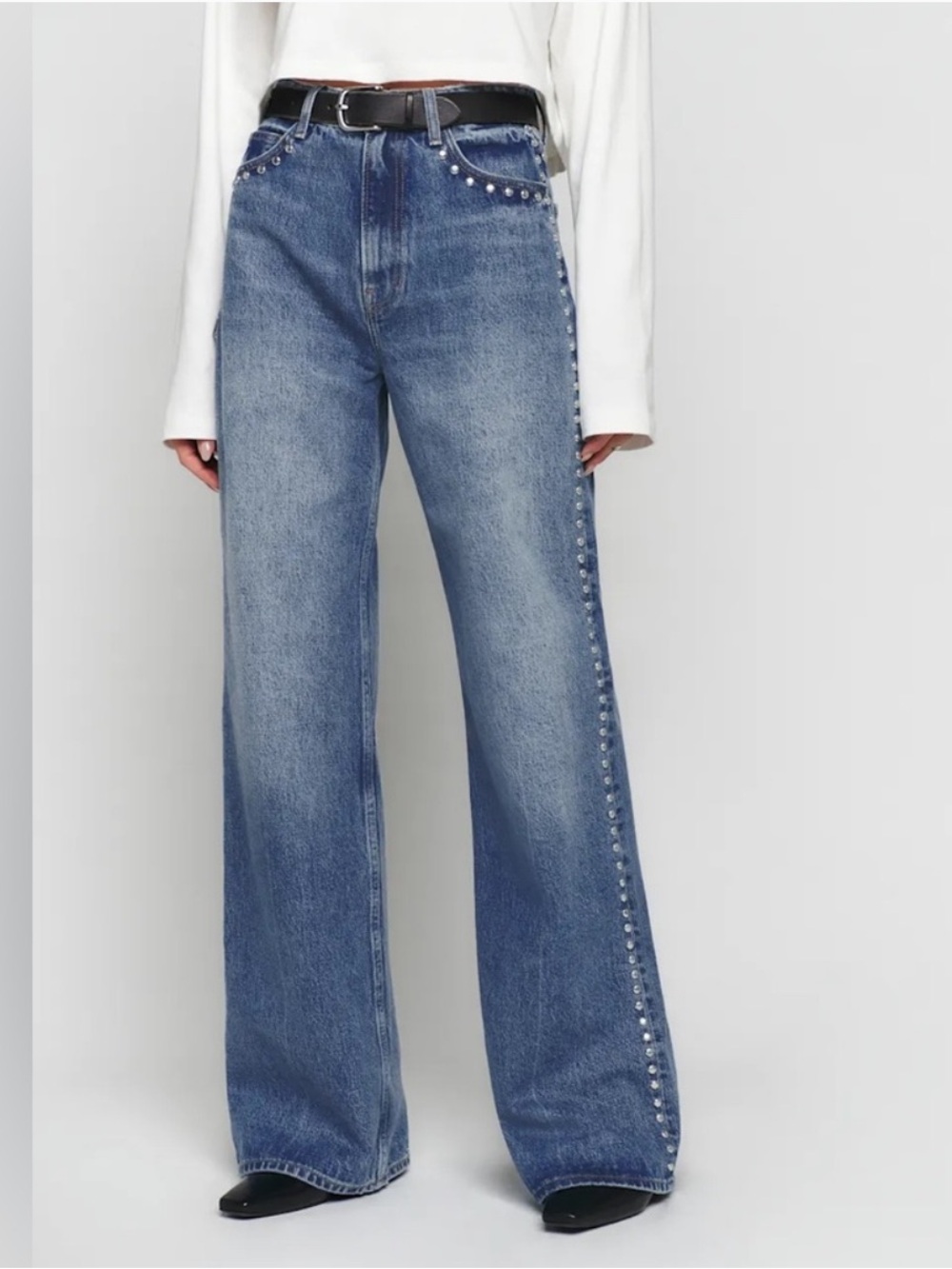 Reformation Stud-Trim Wide Leg Jeans in Blue Wash